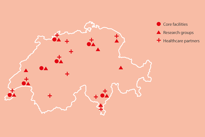 A map of switzerland with red dots on it represented SIB Core Facilities, Research group and Healtcare partner