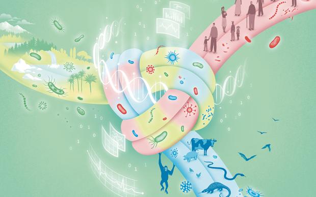 Illustration depicting interconnected ropes with DNA helix, microbial life, animals, humans, and data charts symbolizing the intertwined relationship between ecosystems, humanity, and technology