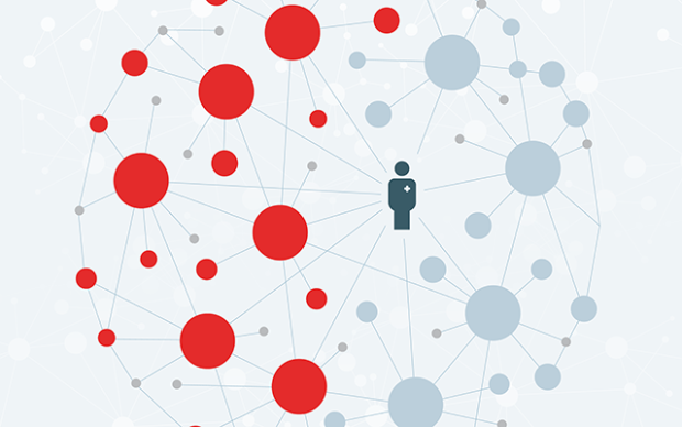 A person standing in the center, surrounded by colorful dots and circles of various sizes