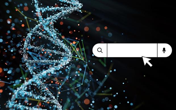 DNA strands with a search tool bar on dark background