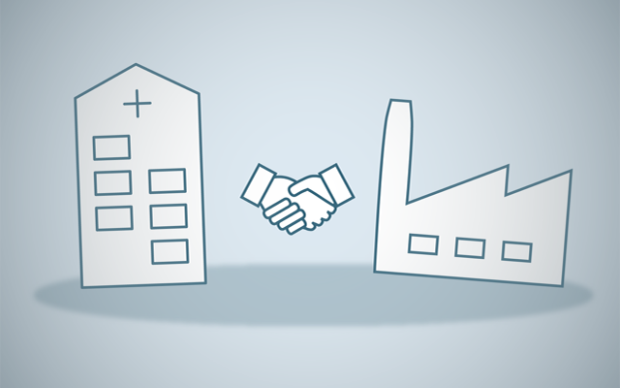 Two buildings symbolizing partnership with a handshake, representing public and private collaboration.