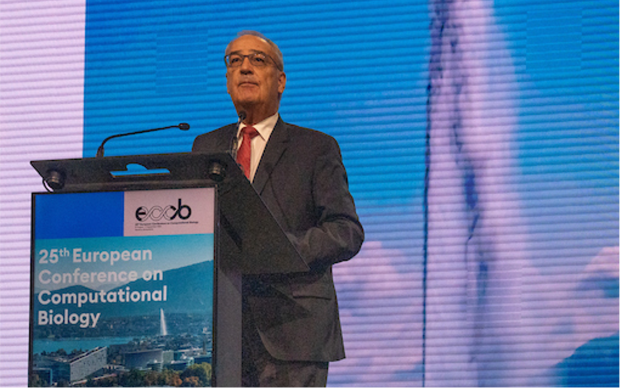 Guy Parmelin, Swiss president, speaking at the 2026 European Conference on Computational Biology organized in Geneva by SIB