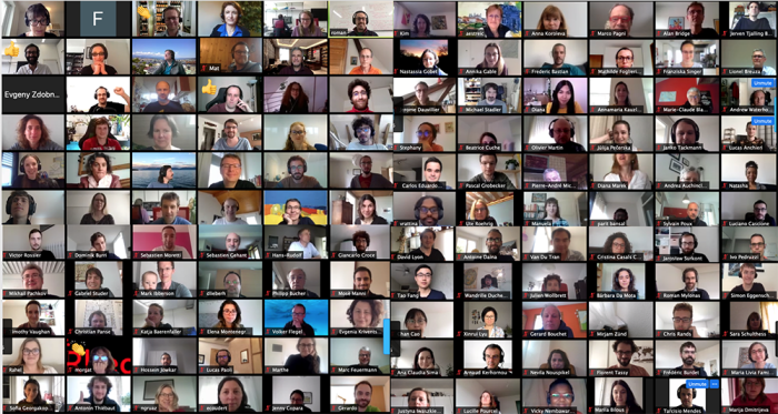 wall of peoples connected by webcam