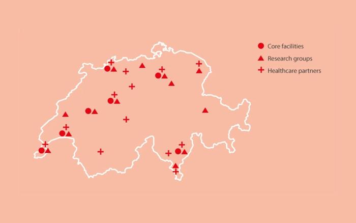 A map of switzerland with red dots on it represented sib core facilities, Research group and Healtcare partner