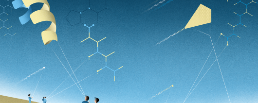 An illustration of Aurel Marki representing scientists, DNA, molecules, 