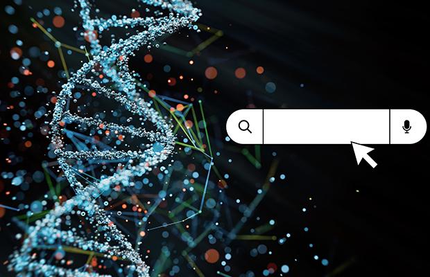DNA strands with a search tool bar on dark background