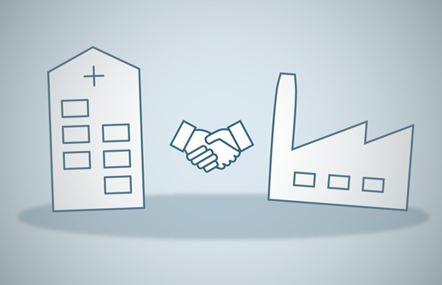 Two buildings symbolizing partnership with a handshake, representing public and private collaboration.
