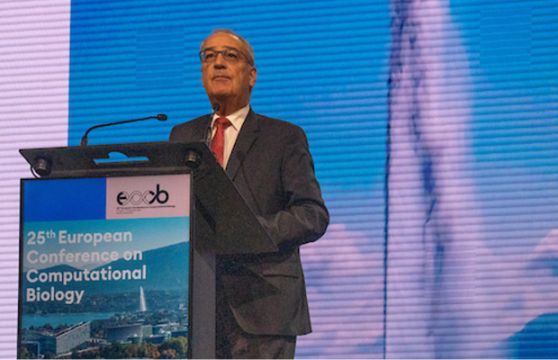 Guy Parmelin, Swiss president, speaking at the 2026 European Conference on Computational Biology organized in Geneva by SIB