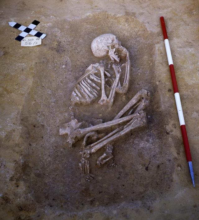 a skeleton sitting on the ground next to a red marker.